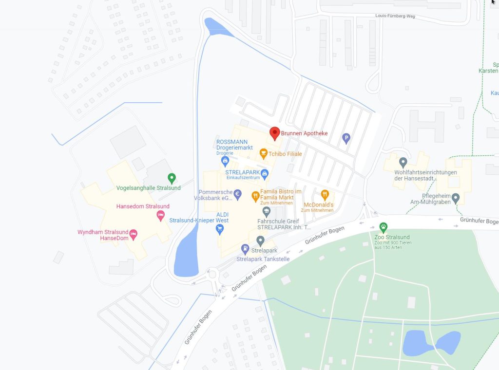 Zeigt eine Karte mit dem Standort der Brunnenapotheke im Strelapark